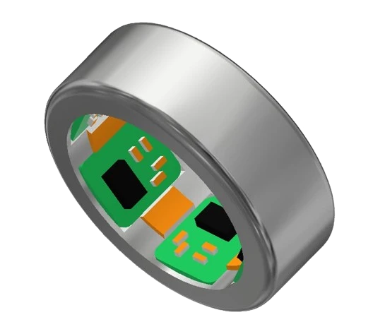 3D render of the OneRing smart ring, showing its internal circuit boards